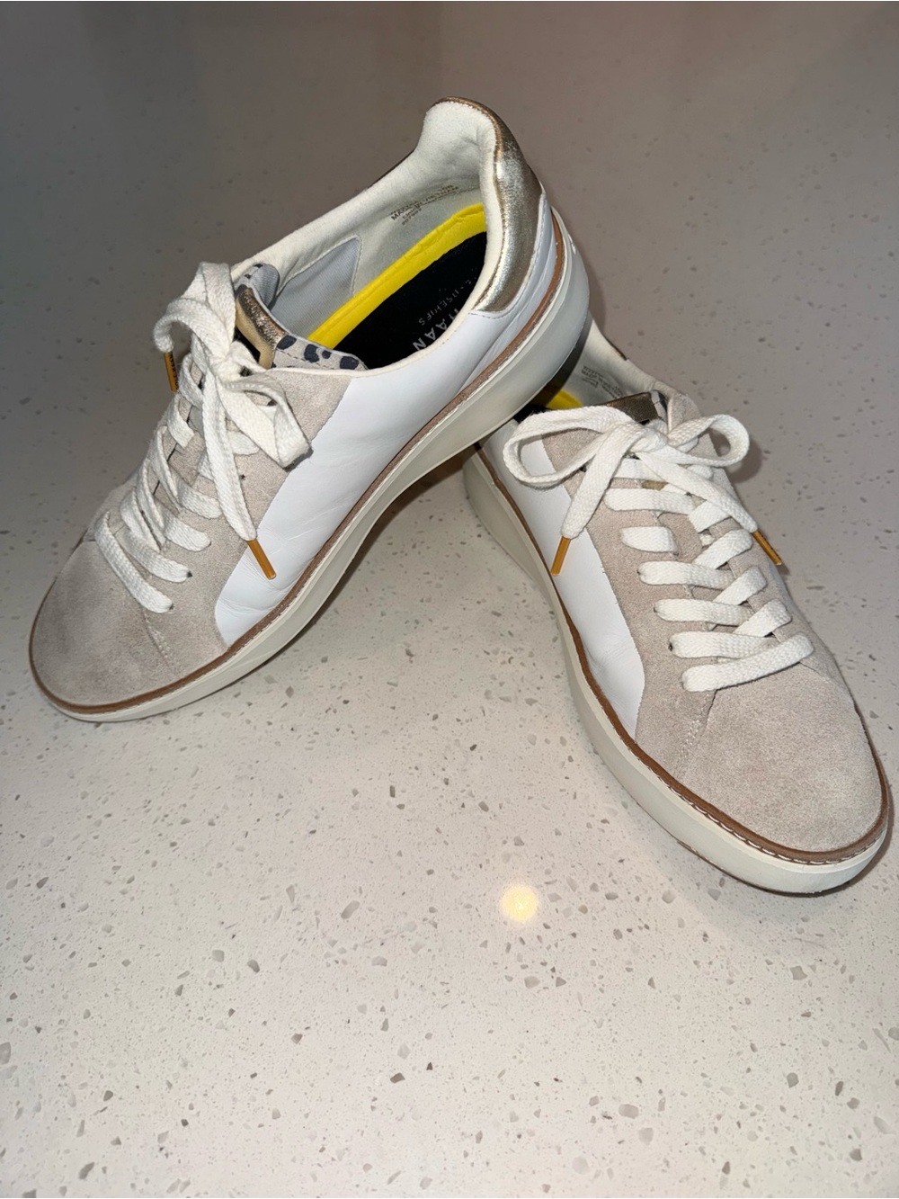 Cole Haan White and Taupe Low-Top Sneakers with Gold Accent